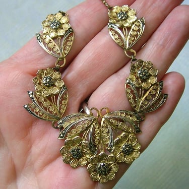 Antique Vermeil and Marcasite Germany Necklace and Earring Set, Gold Over Sterling Filigree Necklace Set, Vermeil Necklace & Earrings (4508) 