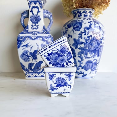 Blue and White 3” Square Planters Set of 2 Small 3 inch Sauare Planters Chinese Blue + White Planters Chinoiserie Ceramic Indoor Planters 