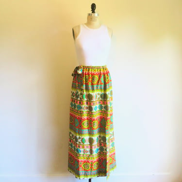 Vintage 1970's Mod Colorful Psychedelic Floral Print Barkcloth Long Maxi Skirt Resort Beach Luau 70's Spring Summer Nelly de Grab  28" Waist 