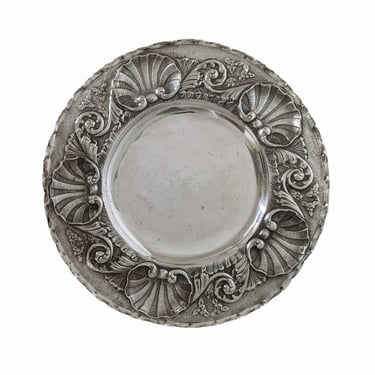 Antique Silver Repousse Platter / Ornate Round 800 Silver Tray / Floral Shell Border Embossed Serving Dish with Crimped Edges 