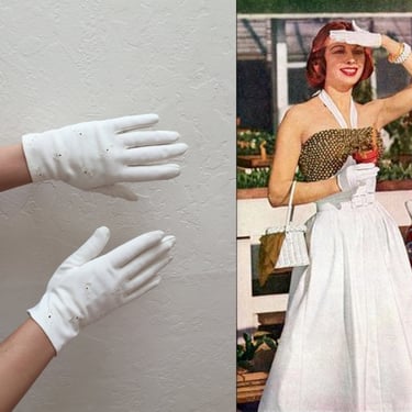 Garden Shopping Sundays - Vintage 1950s 1960s White Nylon Over Wrist Gloves w/Embroidered Florals - 6/6.5 