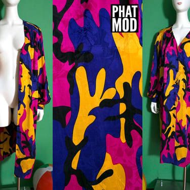 Bright Vintage 80s 90s Abstract Psychedelic Silky Style Dress 