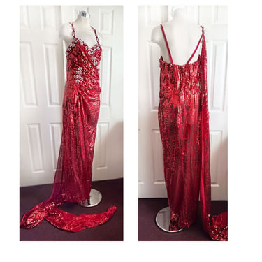 RARE 1950s Vintage 1960s Red Fully Sequin BEADED Dress, SHOWGIRL Long Gown, Costume, Mid Century 