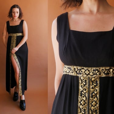 Vintage 60s Black and Gold Zip Up Hostess Dress/ Size Medium 