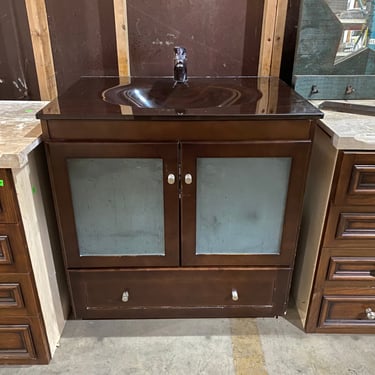 Brown Freestanding Bathroom Vanity with Glass Countertop and Frosted Doors