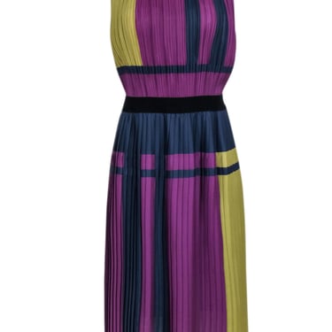 BCBG Max Azria - Purple Color Block Accordion Pleated Sleeveless Dress Sz L