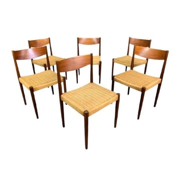 Set of Six Danish Modern Teak Dining Chairs with Papercord Seat by Niels Moller for Frem Rojle, Model 75 Teak Moller Dining Chairs 