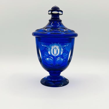 Royal Blue Bohemian Crystal Glass Jar – Vintage Hand-Cut Trinket Box with Lid by LeChalet