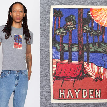 XS 80s Hayden Campground T Shirt | Vintage Heather Grey Iron On Tree Camping Site Tent Graphic Tee 