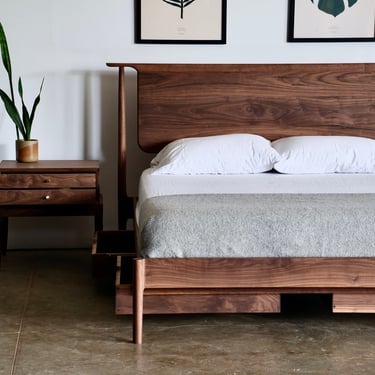 Walnut Modern Platform Bed | Handmade Mid Century Wood Storage Bed | Custom Hardwood Bedframe with Headboard | King Queen Twin | Bed No. 5 