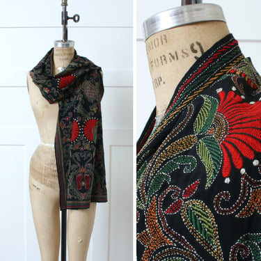 Kantha embroidery shawl • black silk oversized scarf with colorful hand embroidered pattern 