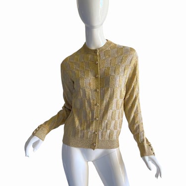 1960s Gold Lame Cardigan / Mod Geometric Sweater / 60s Gold Silver Crochet Cardigan Medium 