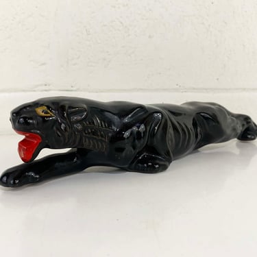 Vintage Black Panther Figurine Ceramic Cat Stalking Clay Red Ware Retro Cougar Jaguar Japan 1950s 
