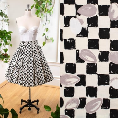 Vintage 1950s Skirt | 50s Novelty Print Cotton Coffee Bean Checkered Black White Swing Skirt | medium 