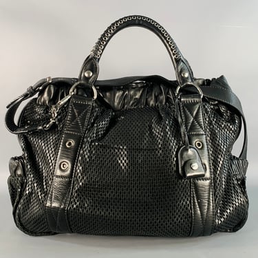 MIU MIU Black Perforated Leather Grommets Top Handles Handbag