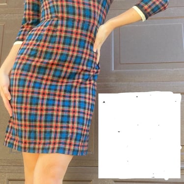 Vintage 40s Plaid Mini Dress 3/4 Sleeves Bodycon Holiday Red Blue Black Small XS by TimeBa