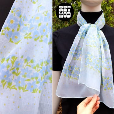 Ethereal Vintage 50s 60s White with Blue & Green Flowers Long Scarf by Glentex 