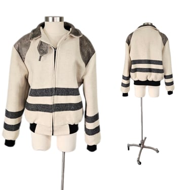 1980's Cream Grey Striped Wool Blanket Coat Bomber Jacket I Sz Med 
