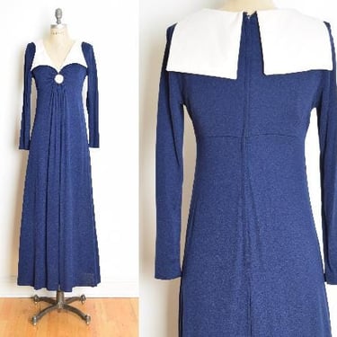 vintage 70s dress navy white sailor collar long sleeve maxi keyhole S disco clothing 