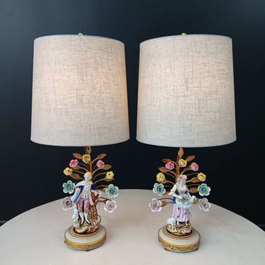 Pair of French Louis XV-Style Porcelain Provincial Figural Lamps, c.1920’s 