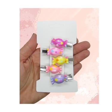 Candy Hair Clips Set - Cute Pastel Polka Dot Candies Barrettes - Miniature Faux Fake Food Kawaii Style 