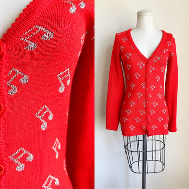 Vintage 1970s Red Music Note Cardigan / S 