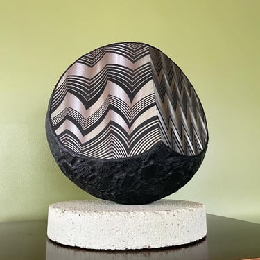 John Clague vintage 1980’s postmodern etched carved steel “Geode” sphere with black lacquer sculpture on concrete base Cleveland Institute 