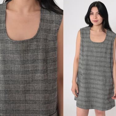 60s Plaid Jumper Dress Mod Mini Dress Grey Black Tartan Checkered Print Day Dress Sleeveless Scoop Neck Twiggy Summer Vintage 1960s Large L 