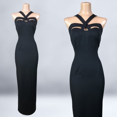 VINTAGE 90s Indecent Proposal Black Bombshell Formal Dress by Roberta 5/6 | 1990s Gothic Noir Cutout Cocktail Dress | Demi Moore Dress VFG 
