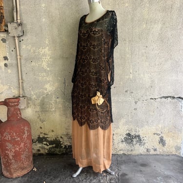 Antique 1920s Camel & Black Silk Chiffon & Lace Dress Rose Appliqué Maxi Vintage