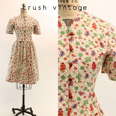 1950s quilted novelty print top and skirt small | vintage heart print dress | new in 