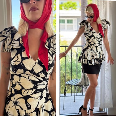 80s Print Cocktail Party dress Bows Rhinestones Ruching Black white S M 