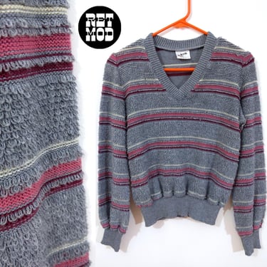 Shaggy Vintage 70s 80s Gray Pink Maroon Stripe V-Neck Sweater Sweatshirt Top 