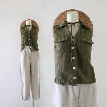 sleeveless linen top - xs - vintage womens 90s y2k olive green crop cropped button spring summer minimal shirt blouse 