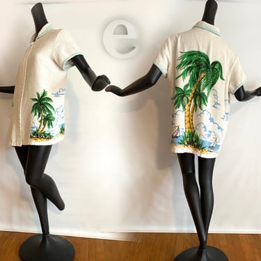 Vintage 50s 60s Swimsuit Cover Up | 100% Cotton Terrycloth Beach Pool Jacket w/ Tropical Palm Tree Print | Florida / Hawaii Tiki Oasis  M/L 