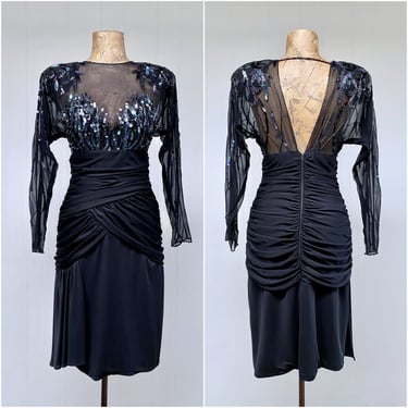 Vintage 1980s Beaded Ruched Jersey Special Occasion Dress, Body-Con Party/Prom Frock w/Illusion Bodice and Open Back, Small 34