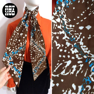 Cool Vintage 60s 70s Blue Brown White Psychedelic Patterned Long Scarf 