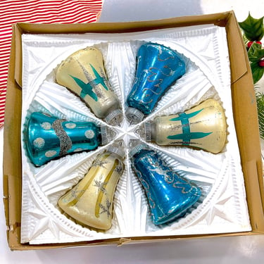 VINTAGE: 6pcs - West German Bell Glass Ornaments - Christmas Ornament - Glittered Ornament - Made in Germany 