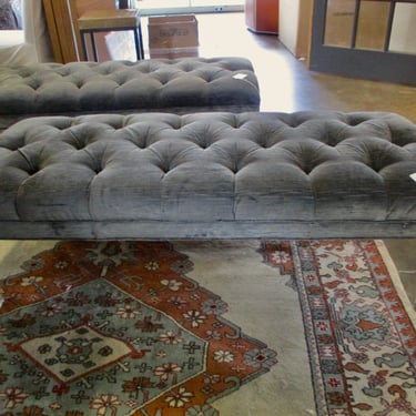 PAIR SOLD SEPARATELY MITCHELL GOLD TUFTED BENCHES IN SMOKEY GREY BLUE VELVET WITH LUCITE LEGS