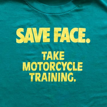 Vintage Motorcycle Safety Training T Shirt from 1980s - XL - Save Face - John Deere Colors - Green Yellow - Jerzees Tag - Polyester Cotton 