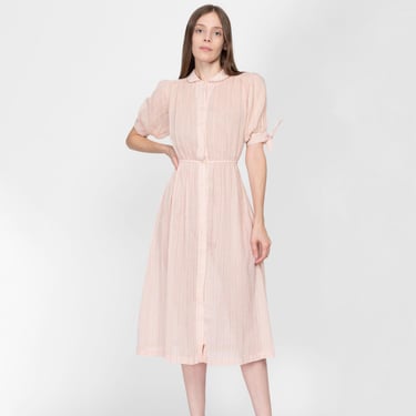 XS-Sm 70s Pastel Pink Sheer Midi Shirtdress | Vintage Striped Polka Dot Puff Sleeve Button Up Dress 