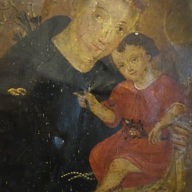 Antique Mexican Retablo Saint Anthony De Padua with the Infant Jesus, Christ Child, Oil on Tin Religious Painting 