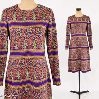 1960s Purple Knit Dress | 60s Purple Print Shift Dress | Twiggy | Medium 