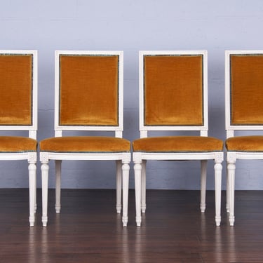 Antique French Louis XVI Style Square Back Painted Dining Chairs W/ Mustard Velvet - Set of 4 