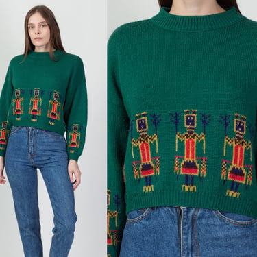 Vintage Benetton Cropped Totem Sweater - Large | 80s Made In Italy Green Knit Pullover Jumper 