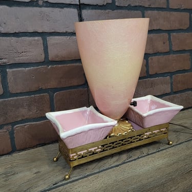 Mid Century MCM Pink Ceramic Lamp with Fiberglass Shade and Side Dishes/Planters 