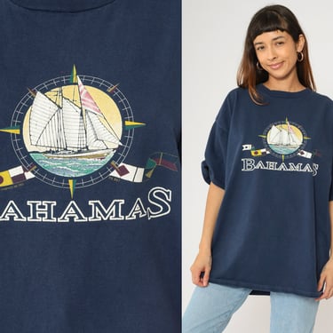 90s Bahamas T Shirt Vintage Sailboat Graphic Tee Tourist T Shirt Tropical Vacation Flag Screen Print Nautical Travel 1990s XXL 