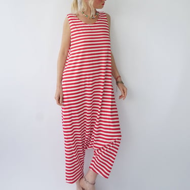 Vintage French Stripes Red And White Coveralls | Summer Boat Neck Sleeveless Jumpsuit | Perfect Sailor Mariniere | Breton Coverall 