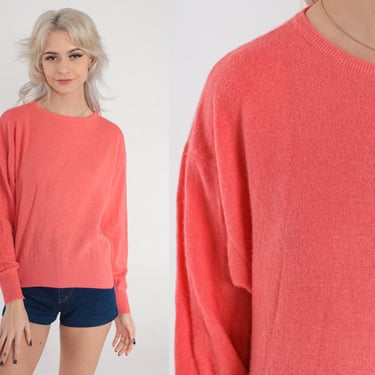 Salmon Pink Cashmere Sweater 60s Knit Dolman Sleeve Pullover Sweater Retro Plain Basic Knitwear Soft Jumper Spring Vintage 1960s Small S 