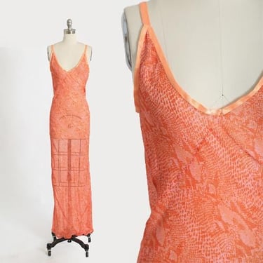 Bias cut slip dress | Vintage 70s does 40s orange + pink silk snake skin slip dress 